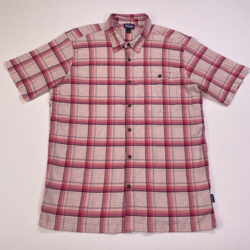 Patagonia Shirt Mens‎ Large Pink Plaid Seersucker Organic Cotton Button Up Hiker